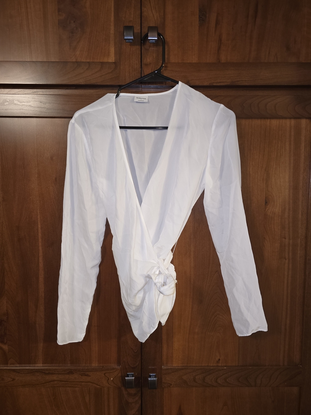 Babaton White Wrap Tie-Front Long Sleeve Blouse